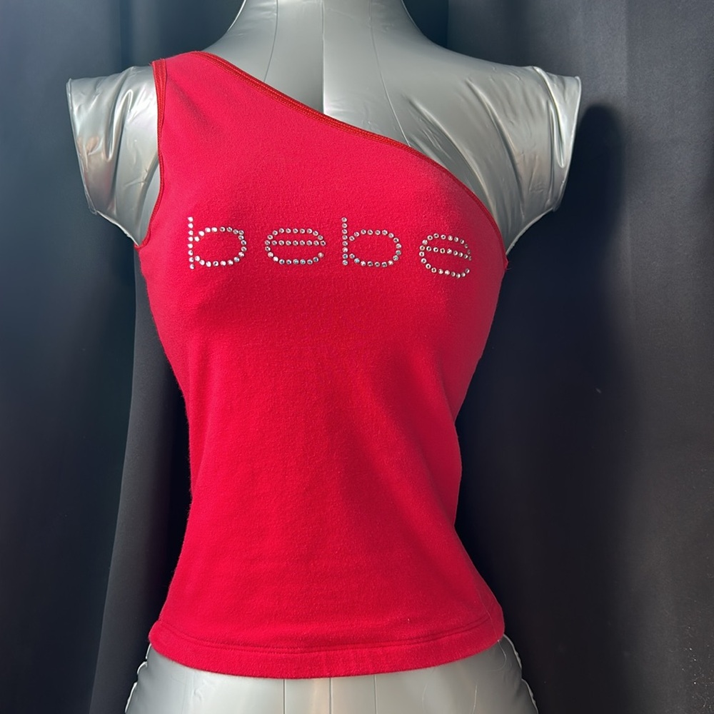 BEBE Red Off Shoulder Tee with SWAROVSKI RHINESTONE LOGO, Y2K/90s/VTG, Size S